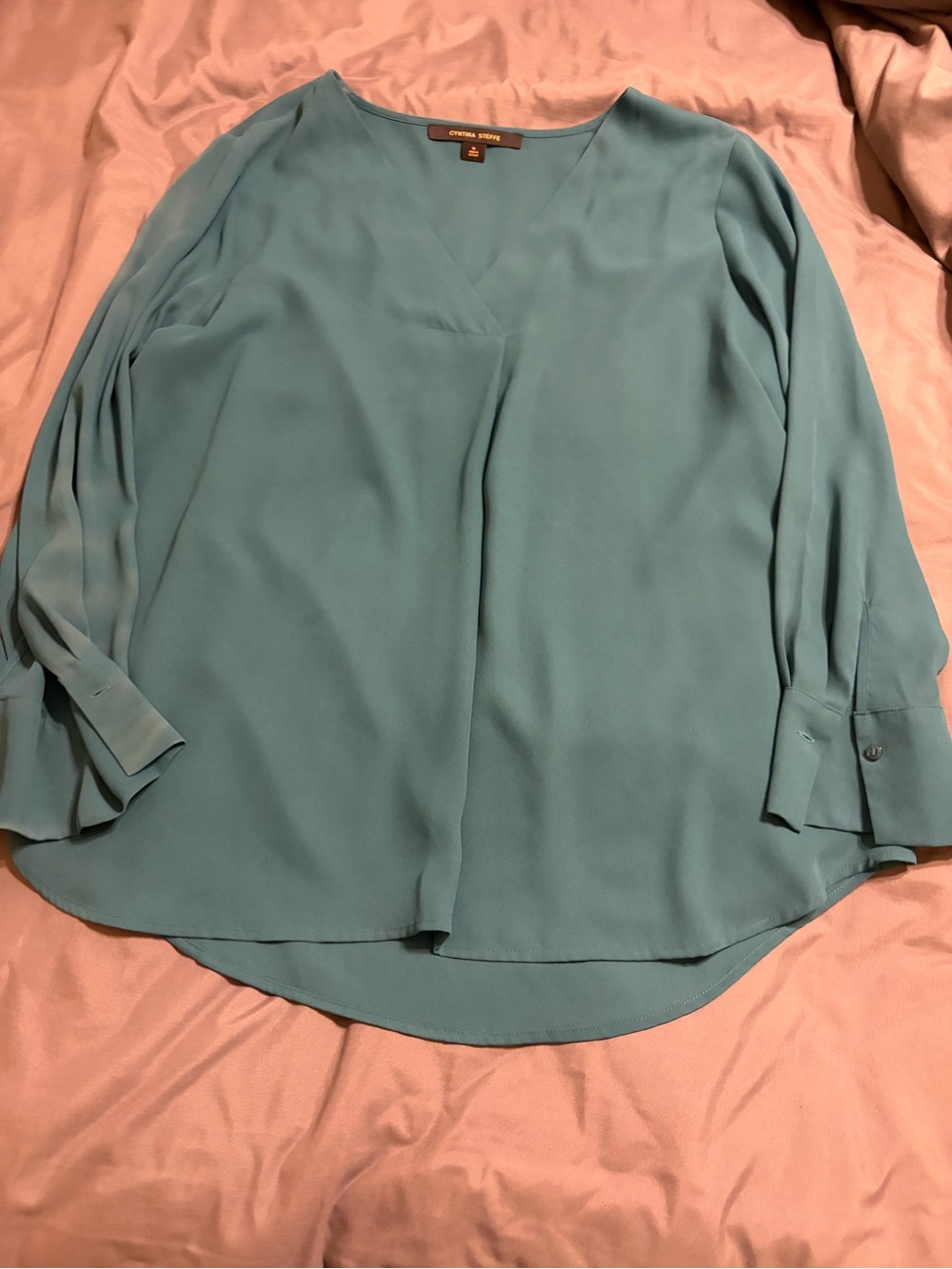 Cynthia Steffe Teal V-Neck Long-Sleeve Blouse